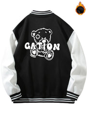 Men's Casual Warm Baseball Jacket With Back Bear Graphic Print