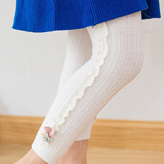 Girls Side Frill Trim Knit Leggings Flower Bunny Footless Tights Pants