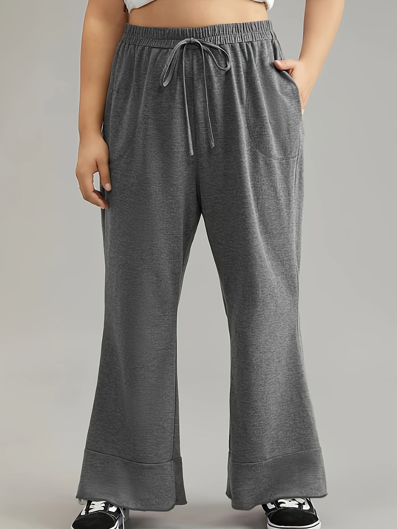 Women's Plus Size Solid Drawstring Flared Leg Trousers
