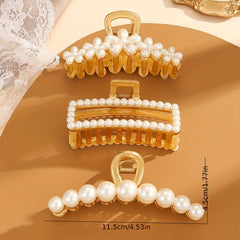 3pcs Large Faux Pearl Hair Claw Metal Ponytail Holder Hair Accessories