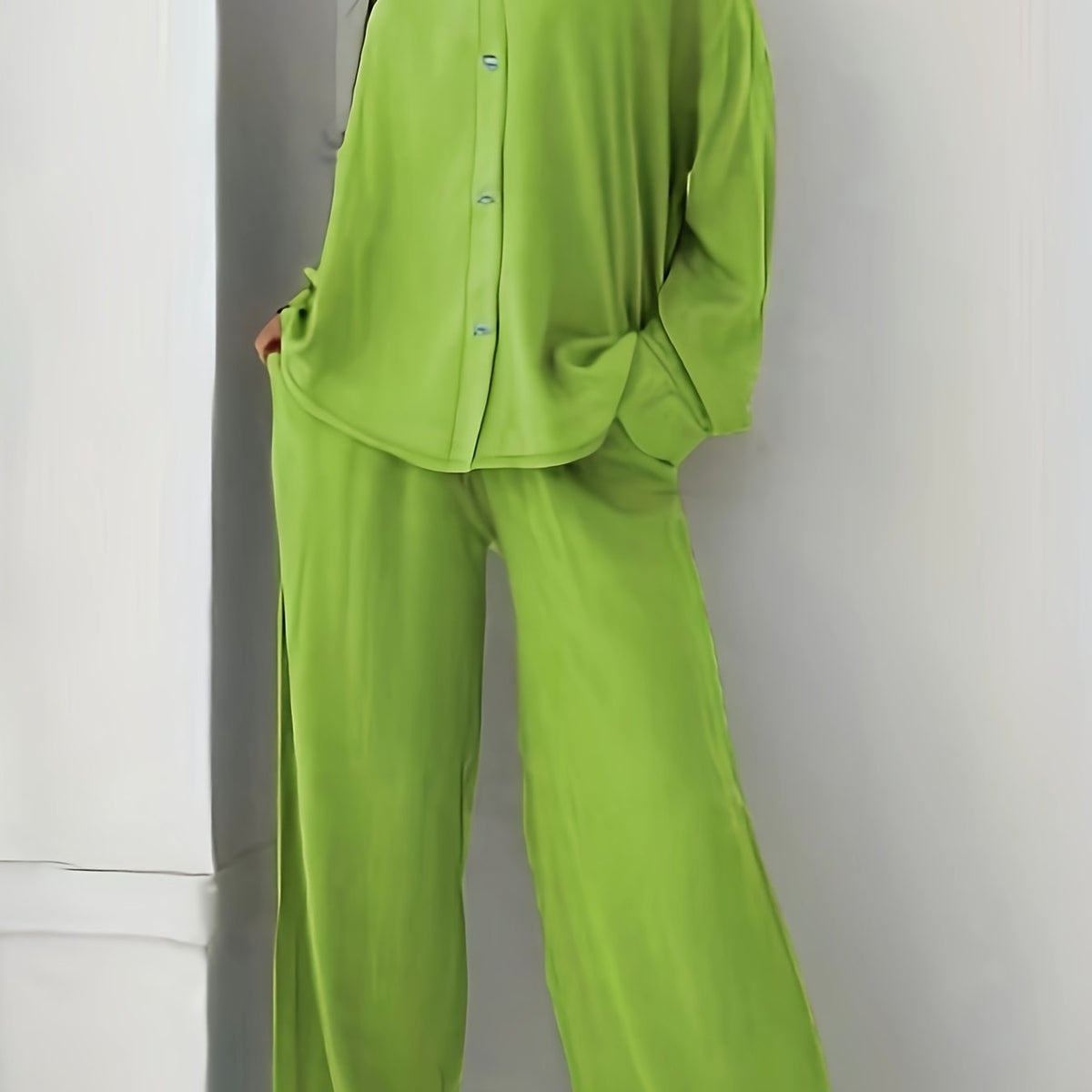 Women's Plus Solid Long Sleeve Shirt & Loose Pants 2 Piece Set