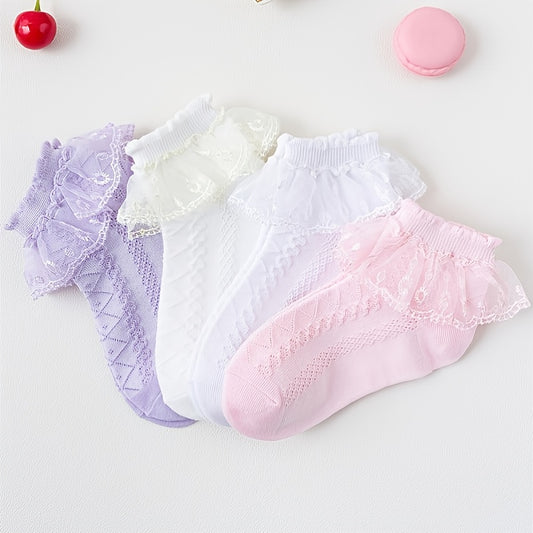 Girls Ruffle Lace Trim Ankle Cotton Socks, 4 Pairs