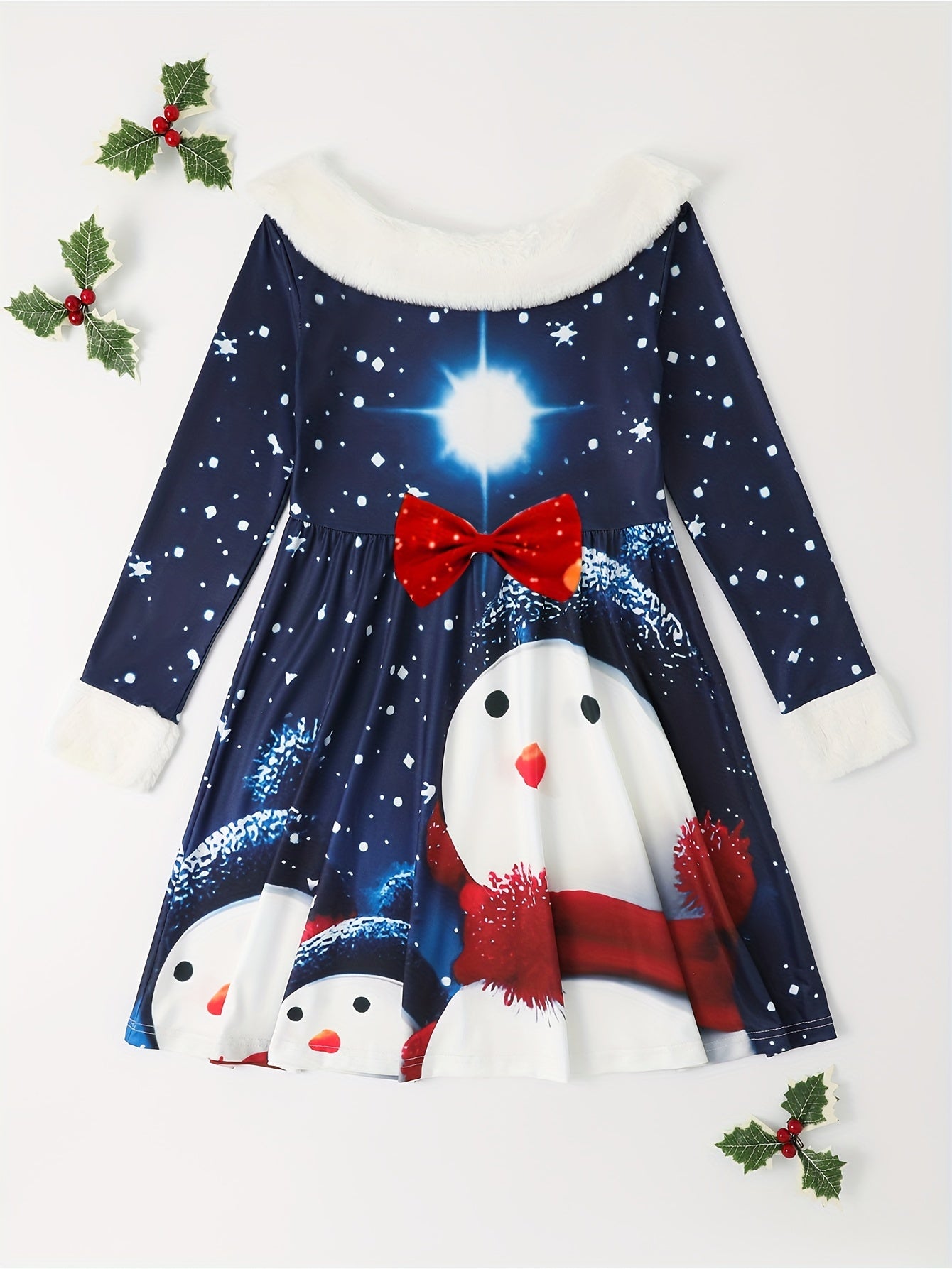 Snowflake Graphic Crew Neck Long Sleeve Dress Girls Christmas Dresses
