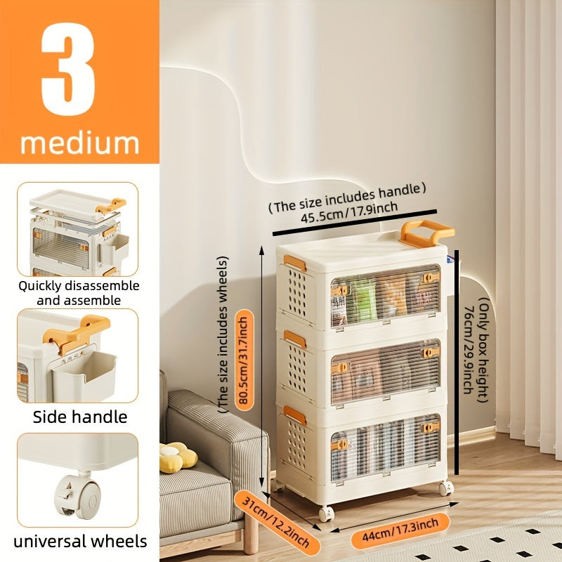 1pc Collapsible 2 3 Tier Plastic Storage Bins With Wheels Stackable