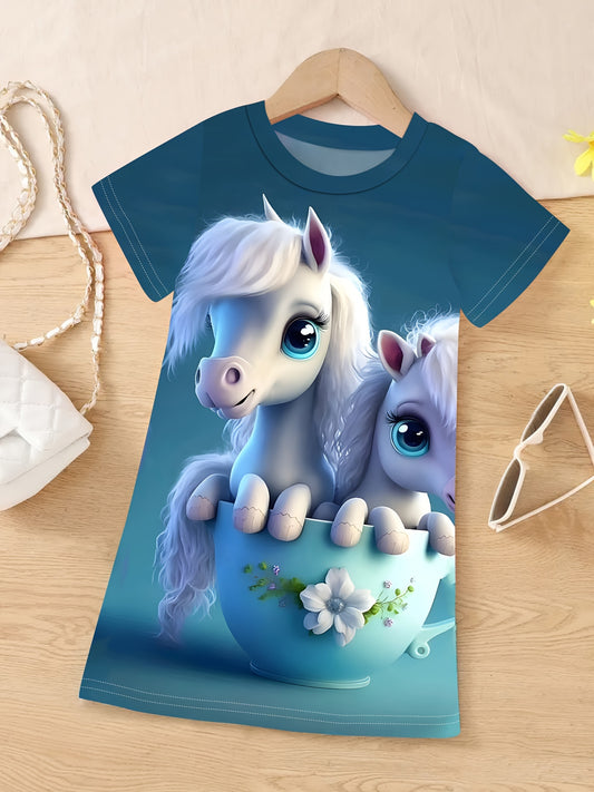 3D Pony Graphic Short Sleeve Dress Girls Summer Clothes