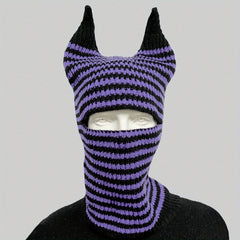 Unisex Halloween Striped Knit Hat With Horns For Warmth