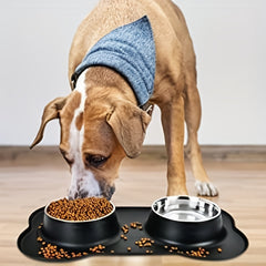 Stainless Steel Double Dog Bowl with No Spill Silicone Mat
