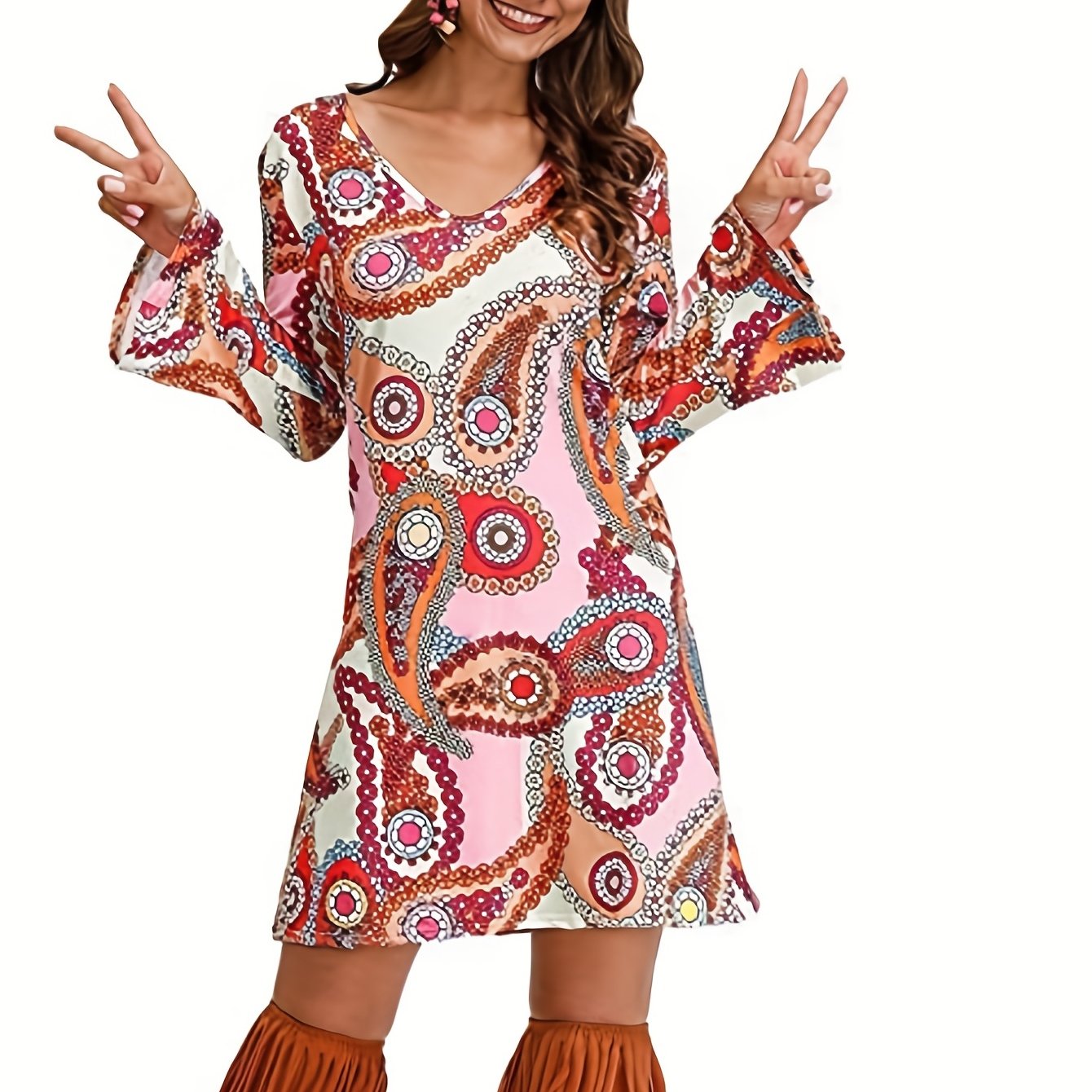Paisley Print Vintage V Neck Long Sleeve Dress Women's Clothing