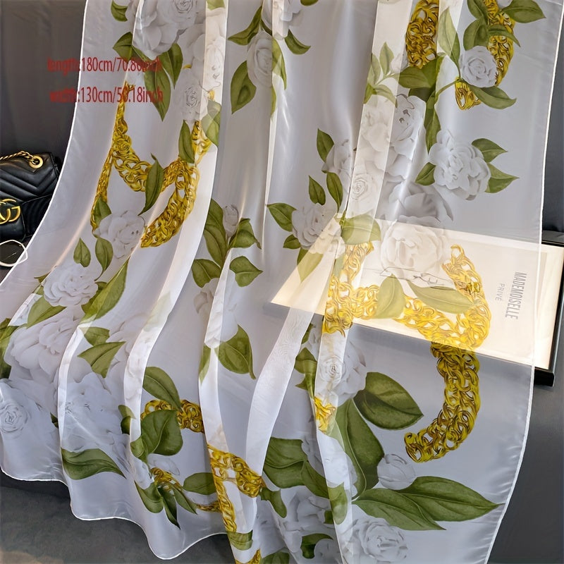 Flower Leaf Print Chiffon Scarf Soft Shawl Thin Breathable Large Head Wraps