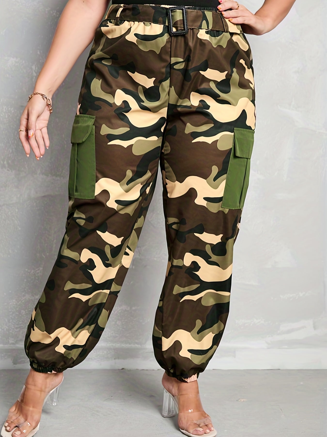 Plus Camo High Waist Belted Joggers