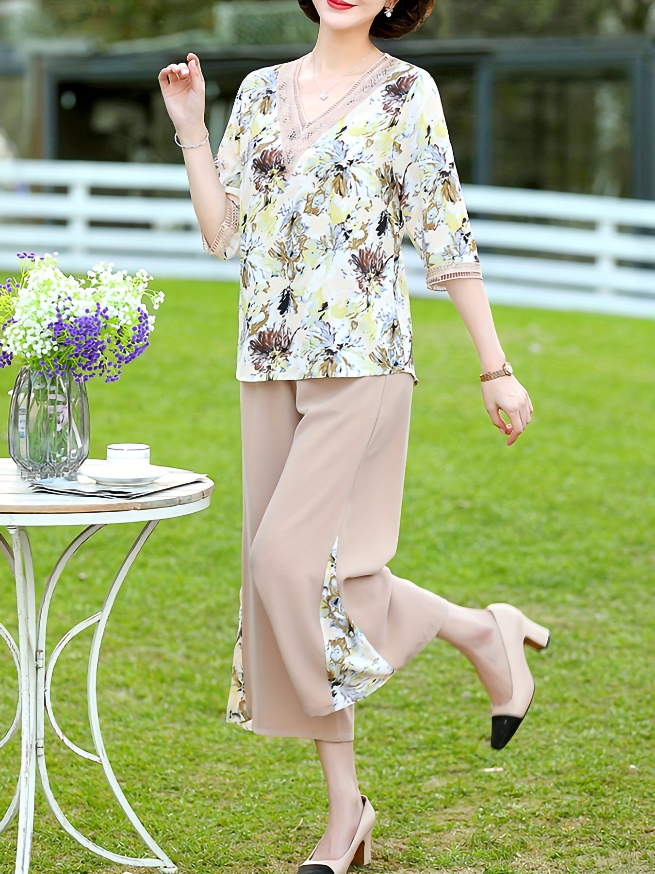 Floral Print Two piece Set Lace V neck Blouse & Wide leg Pants Outfit