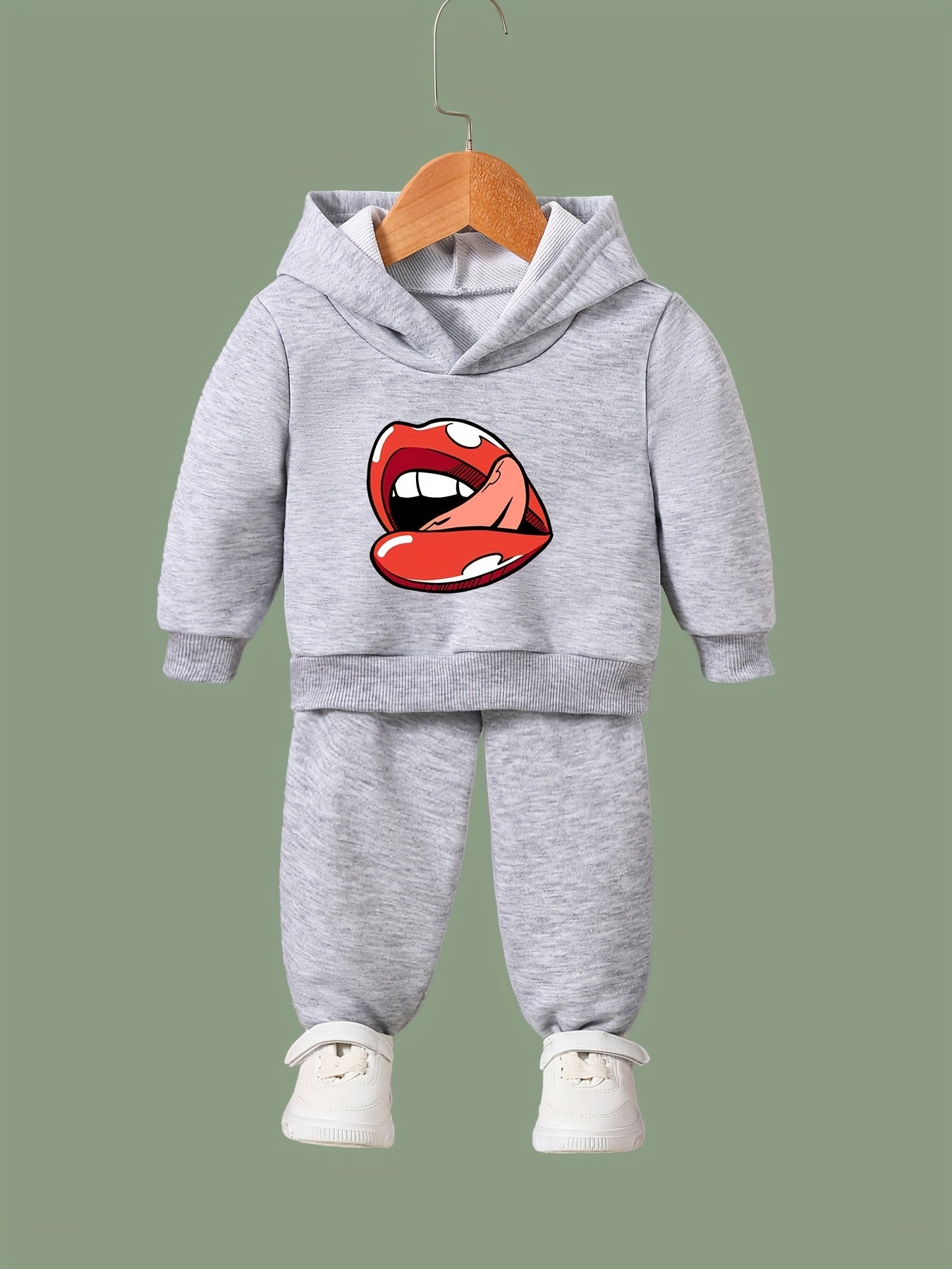 Girls Boys 2pcs Lips Print Hooded Pullover Pants Set Spring Fall