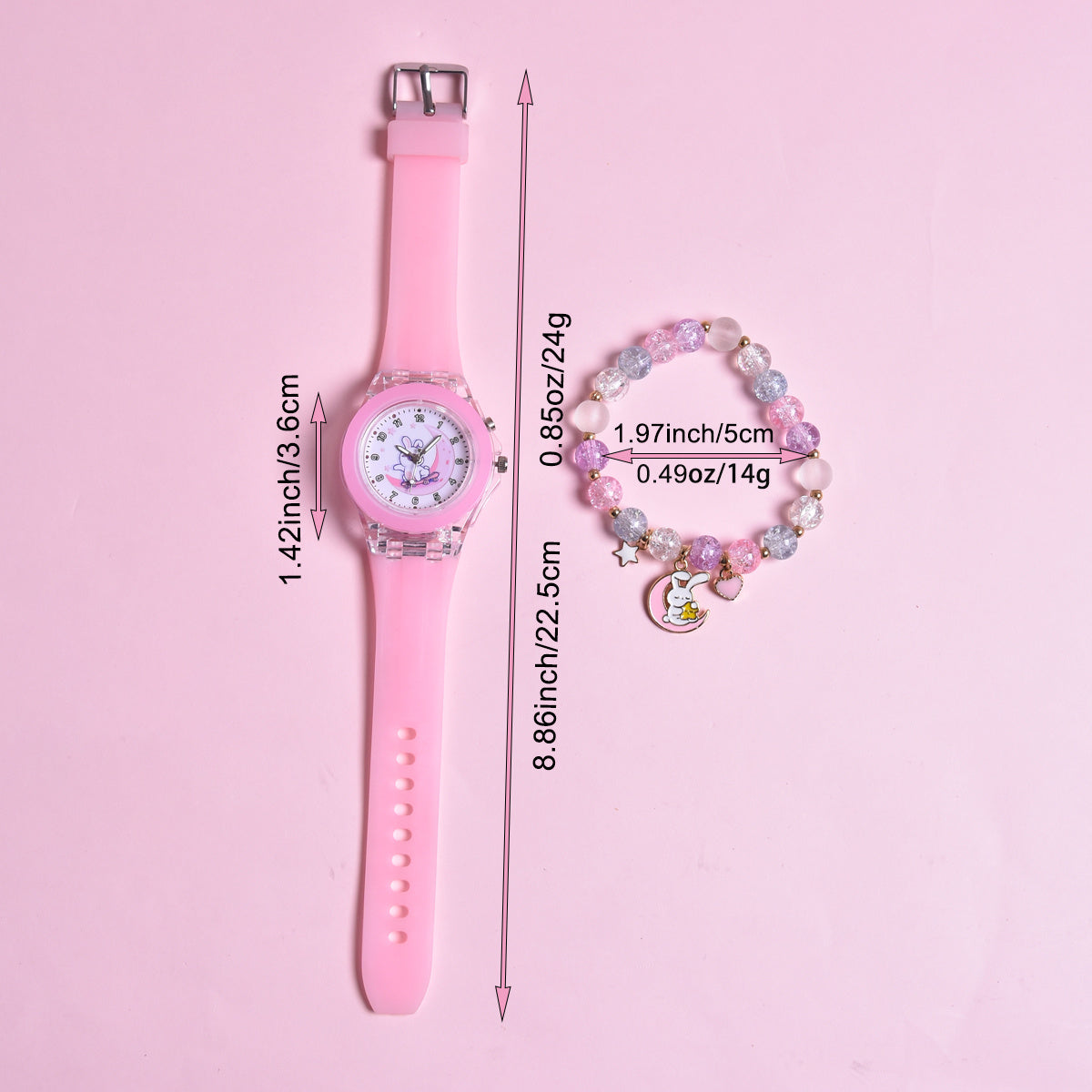 Cartoon Moon Rabbit & Heart Cat LED Watches Set for Girls