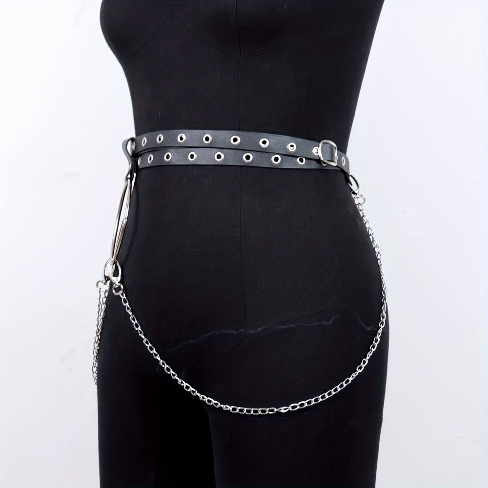 Eyelet Belt Punk Chain Fringe PU Leather Waistband for Women