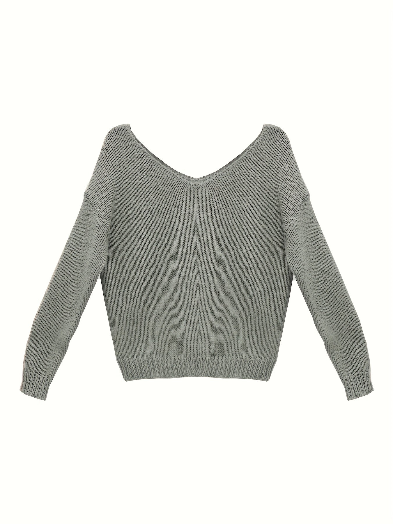 Casual V Neck Knitted Top Long Sleeve Pullover Sweater
