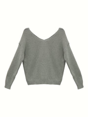 Casual V Neck Knitted Top Long Sleeve Pullover Sweater