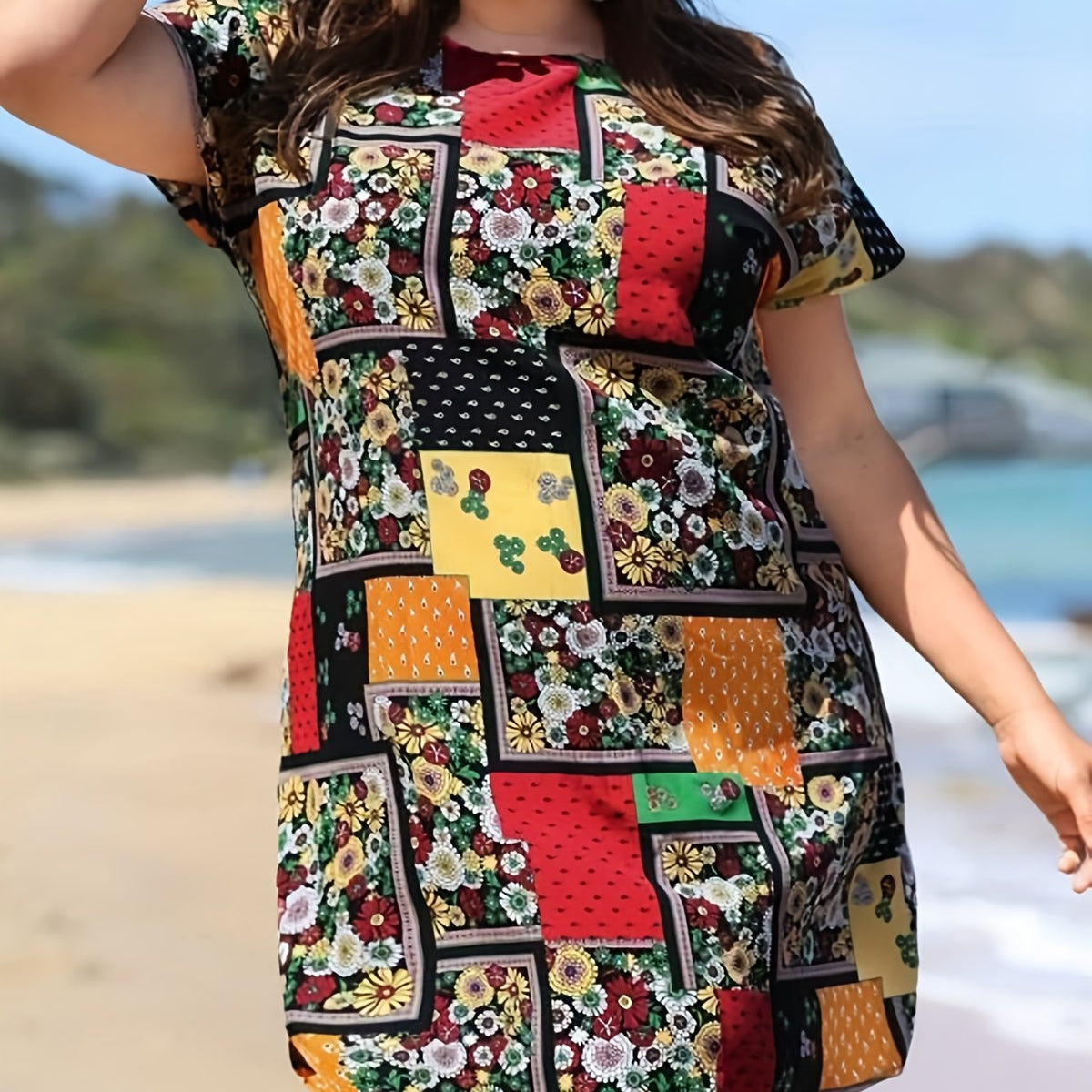 Plus Size Boho Dress Women's Plus Scarf & Floral Print Short Sleeve Dress
