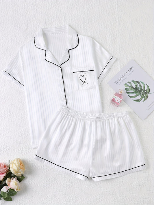 Heart Embroidered Pajama Set - Button Up Shirt & Shorts Loungewear