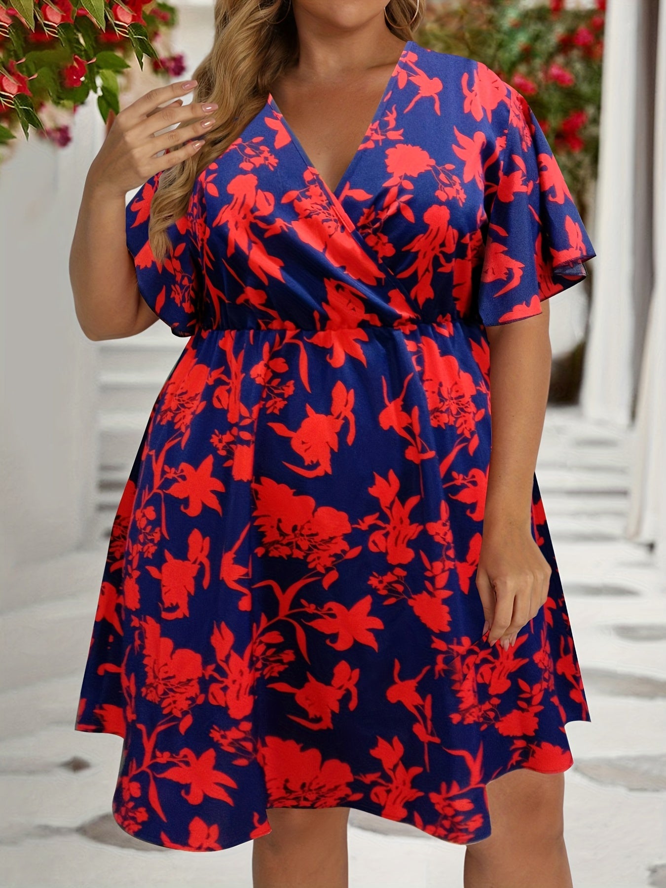  Floral Print Flutter Sleeve Midi Dress