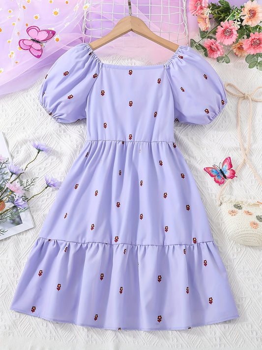 Girls' Puff Sleeve Casual Dress - Vacation Style