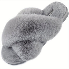 Women's Plush Cross Strap Slippers Open Toe Slip On Warm Winter Home Shoes