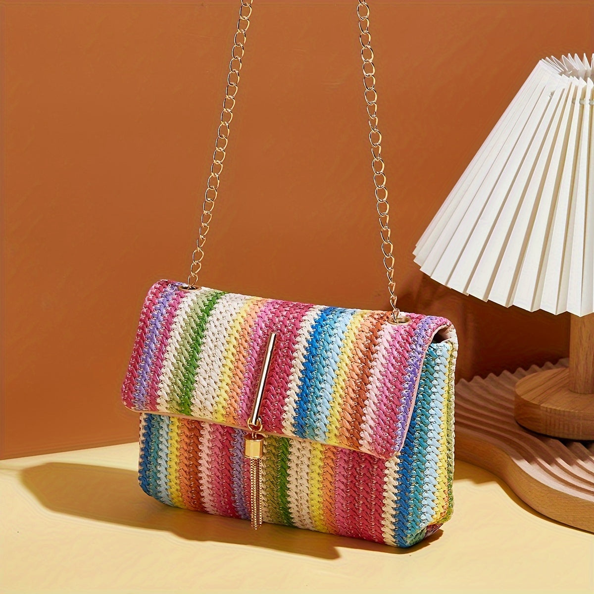 Boho Mini Shoulder Bag Colorful Striped Weave & Chain Strap