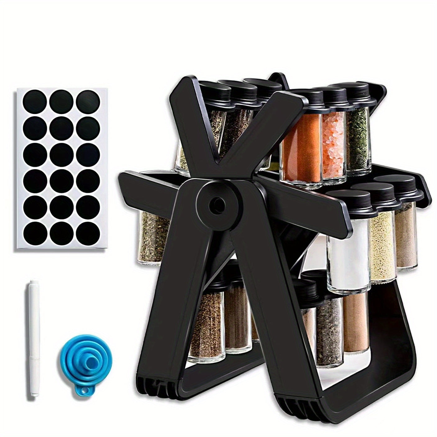 Rotating Seasoning Rack Set with 18 Bottles, Spice Label & Marker Pen