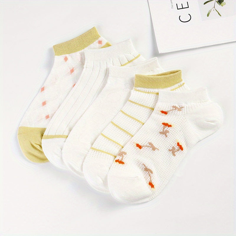 5 Pairs Floral & Striped Ankle Socks Breathable Lightweight Women's Stockings