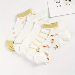 5 Pairs Floral & Striped Ankle Socks Breathable Lightweight Women's Stockings