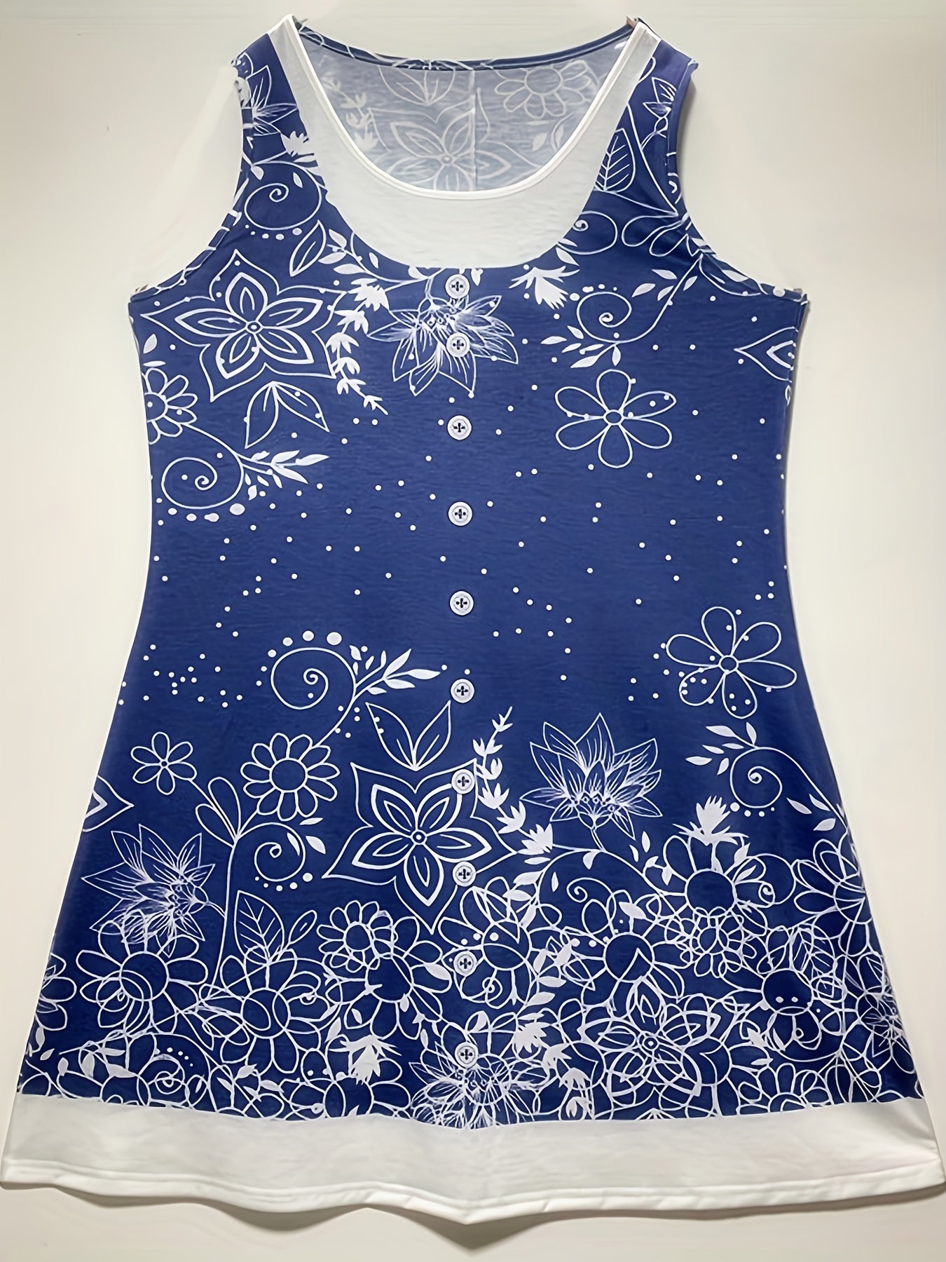  Floral Print Tank Dress Colorblock Round Neck Casual Stretch