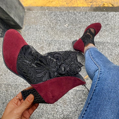 Floral Lace Ankle Boots Pointed Toe Hollow Out Back Zipper Chunky Heels