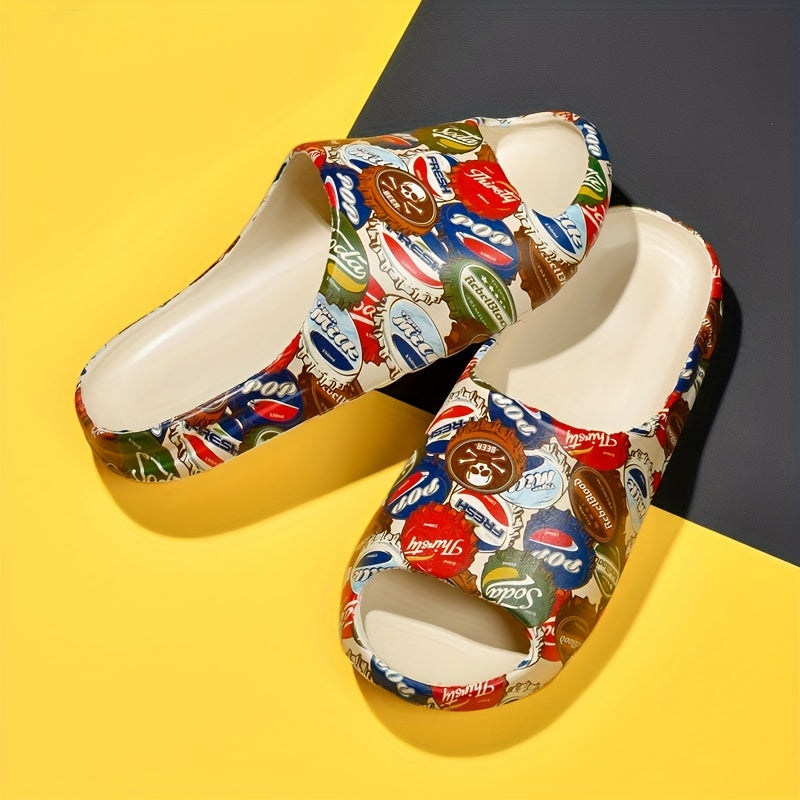 Men's Retro Bottle Cap Print Platform Slide Sandals