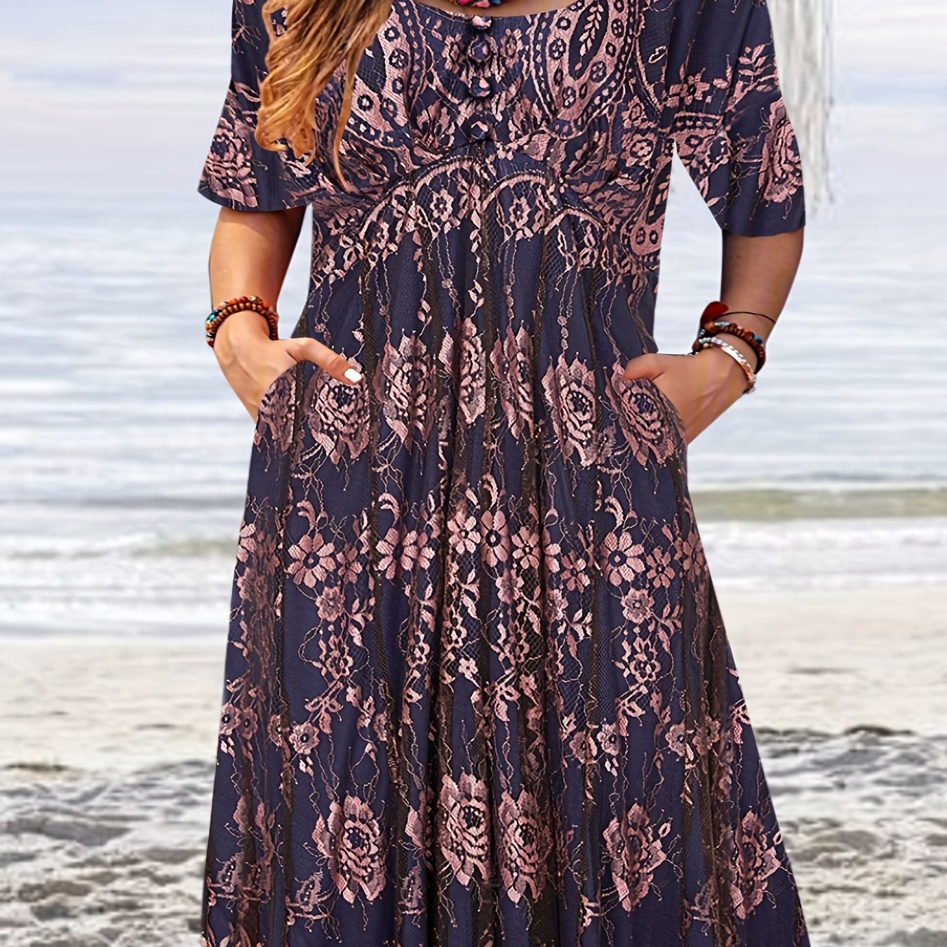  Boho Dress Floral Print Short Sleeve Loose Fit Dress With Pockets