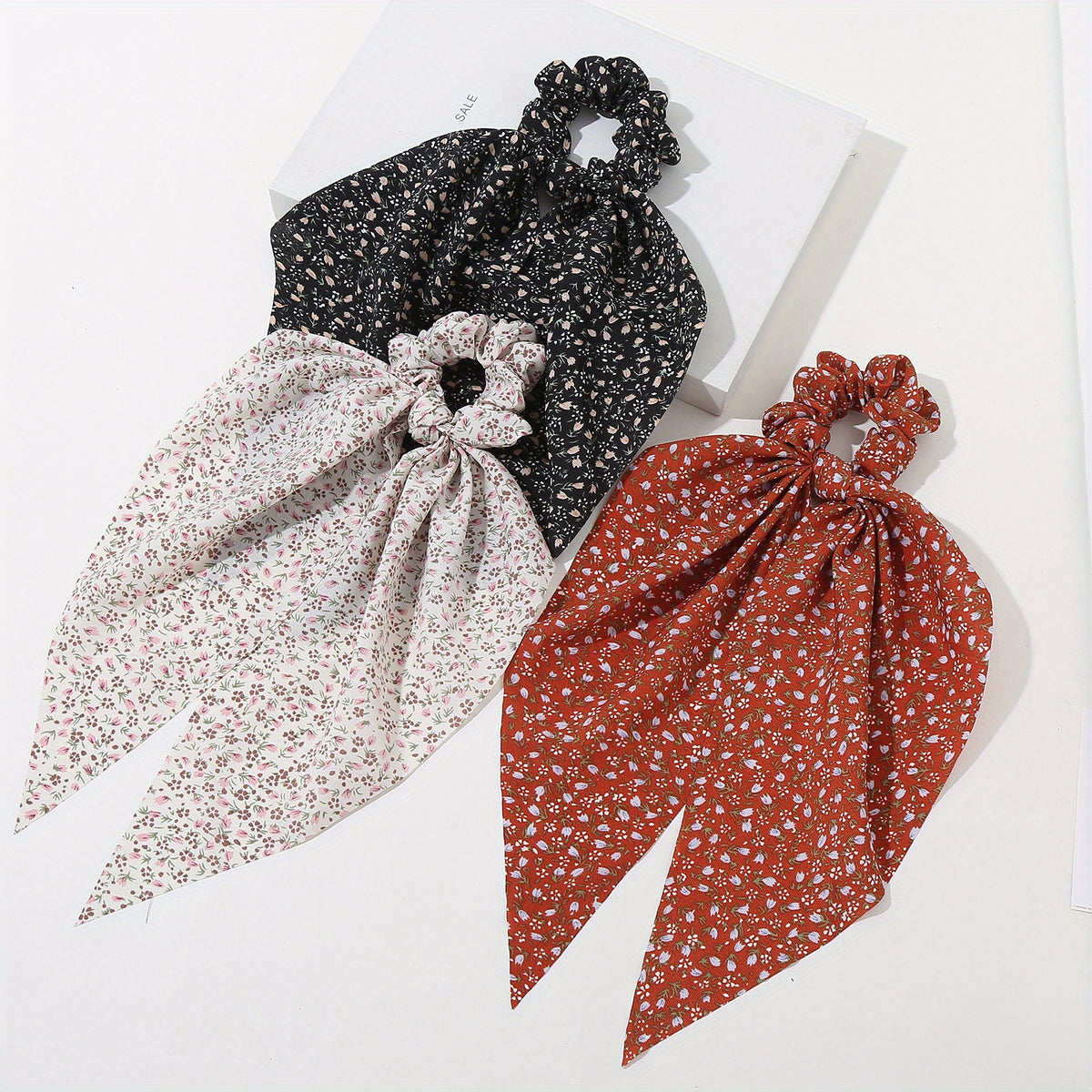 3pcs Ditsy Floral Print Scarf Hair Tie Ponytail Boho Scrunchie