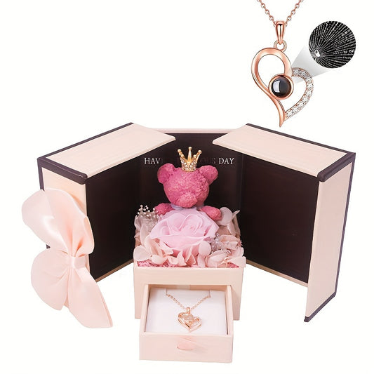 Heart Pendant Necklace with Rose Teddy & Floral Design