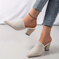 Women's Knit Heeled Mule Sandals Pointed Toe Chunky High Heels Slingback