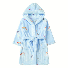Girls Unicorn Rainbow Hooded Bathrobe Soft Warm Pockets Belt Robe Pyjamas