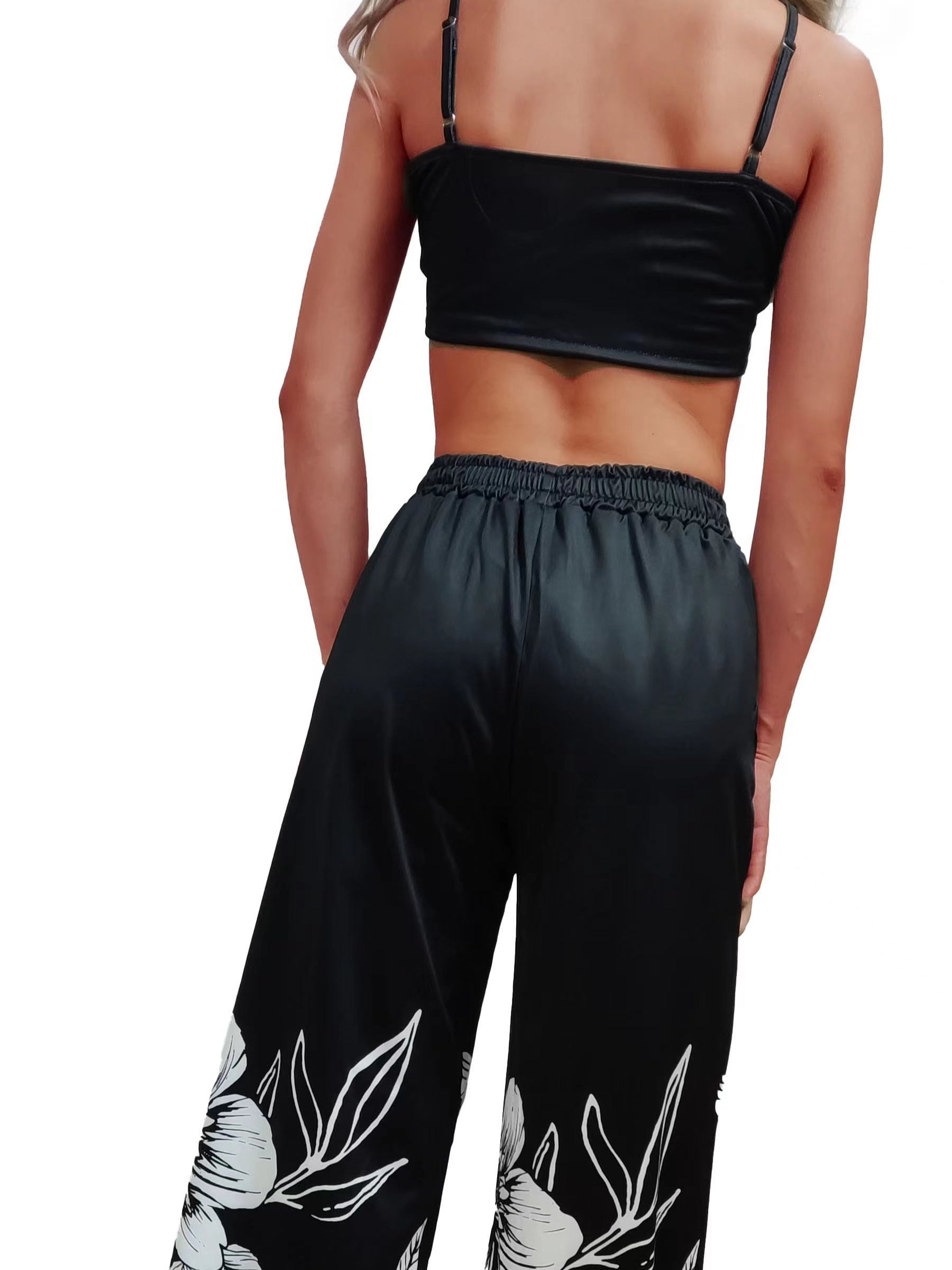 Sexy Butterfly Print Two piece Set Backless Crop Halter Top & Wide Leg Pants