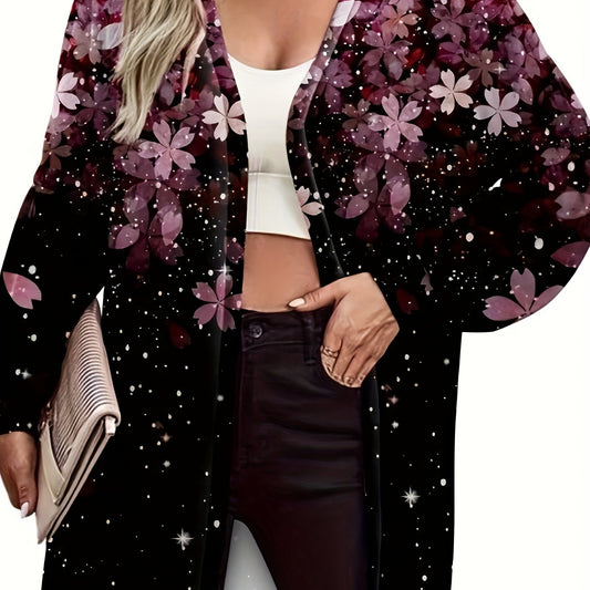  Floral Print Long Sleeve Open Front Cardigan