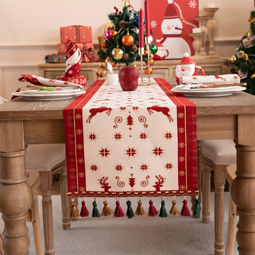 Red Deer Christmas Table Flag Polyester Table Runner with Starry Sky