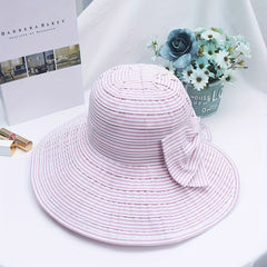 Foldable Striped Sun Hat Casual Bowknot Bucket Hat for Summer