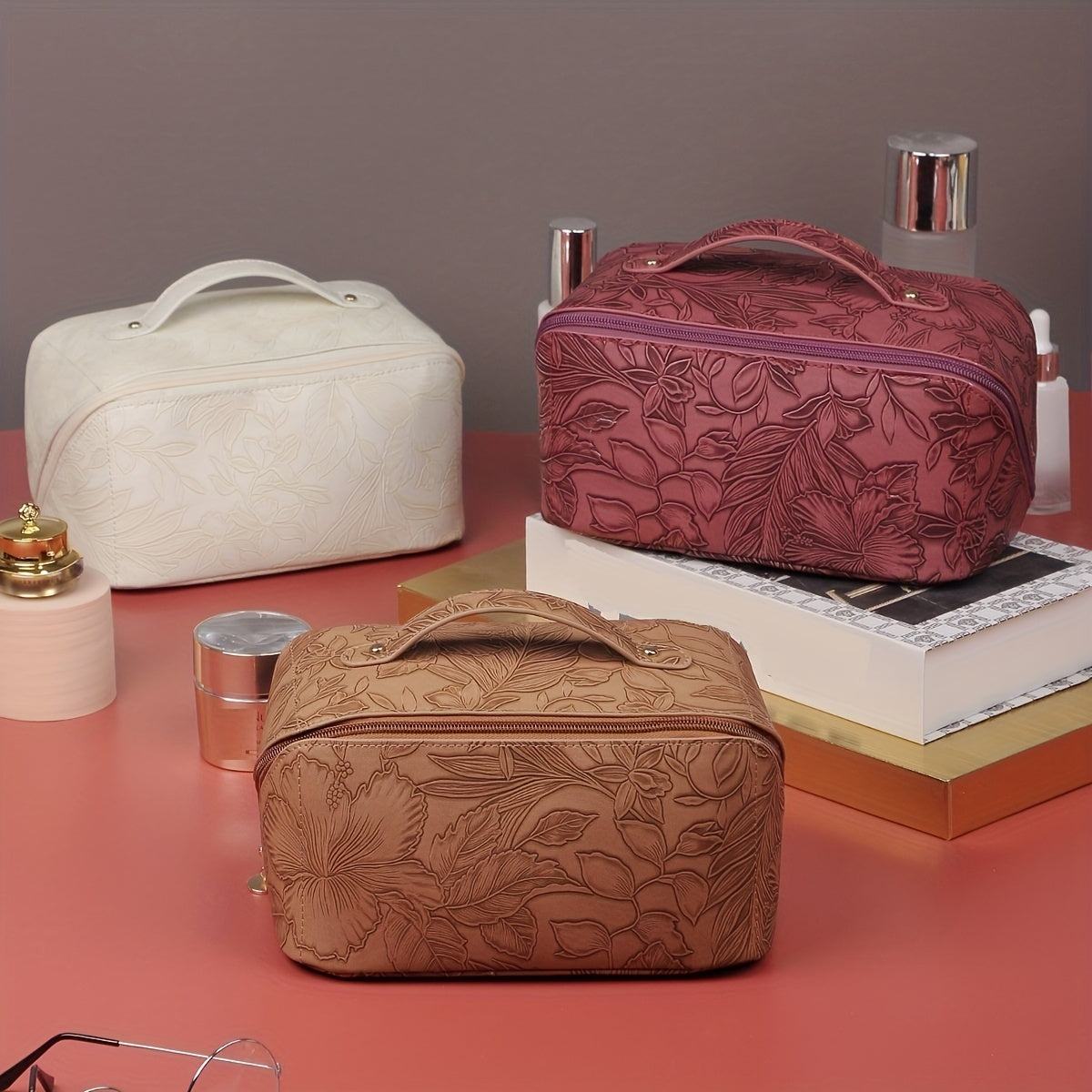 Vintage Floral Cosmetic Bag with Handle Large Capacity Makeup Organizer