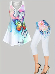Butterflies Print 2 Pieces Set Sleeveless Tops & Leggings Set
