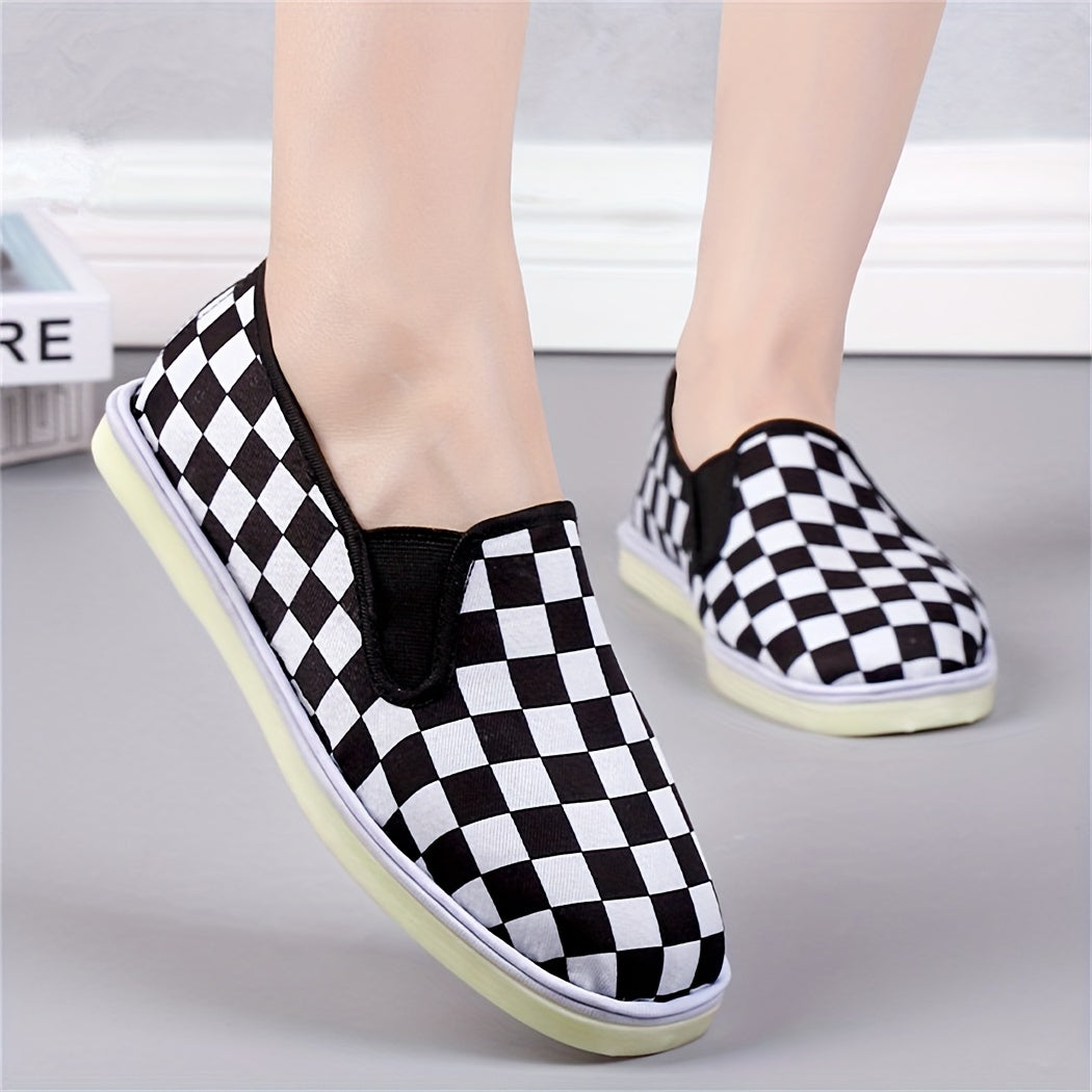 Women's Checkerboard Flat Canvas Shoes Slip On Loafers Casual Low Top Sneakers