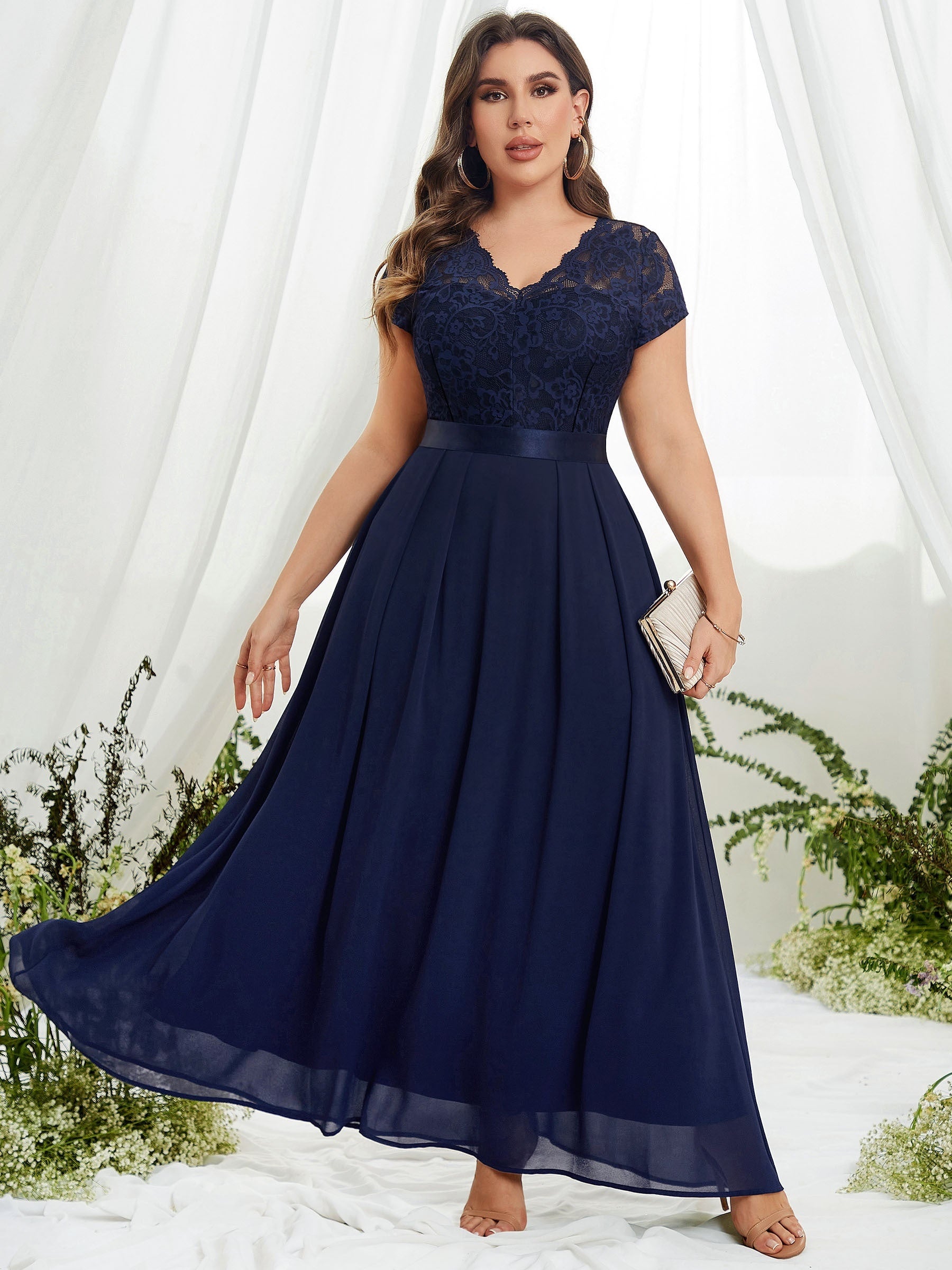  Bridesmaid Dress Solid Lace Short Sleeve V Neck Maxi Formal Dress