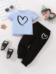 Girls Heart Print Short Sleeve T shirt & Sweatpants Set