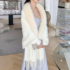 Beige Mink Shawl Plush Collar Knitted Warm Sweaters Cardigan