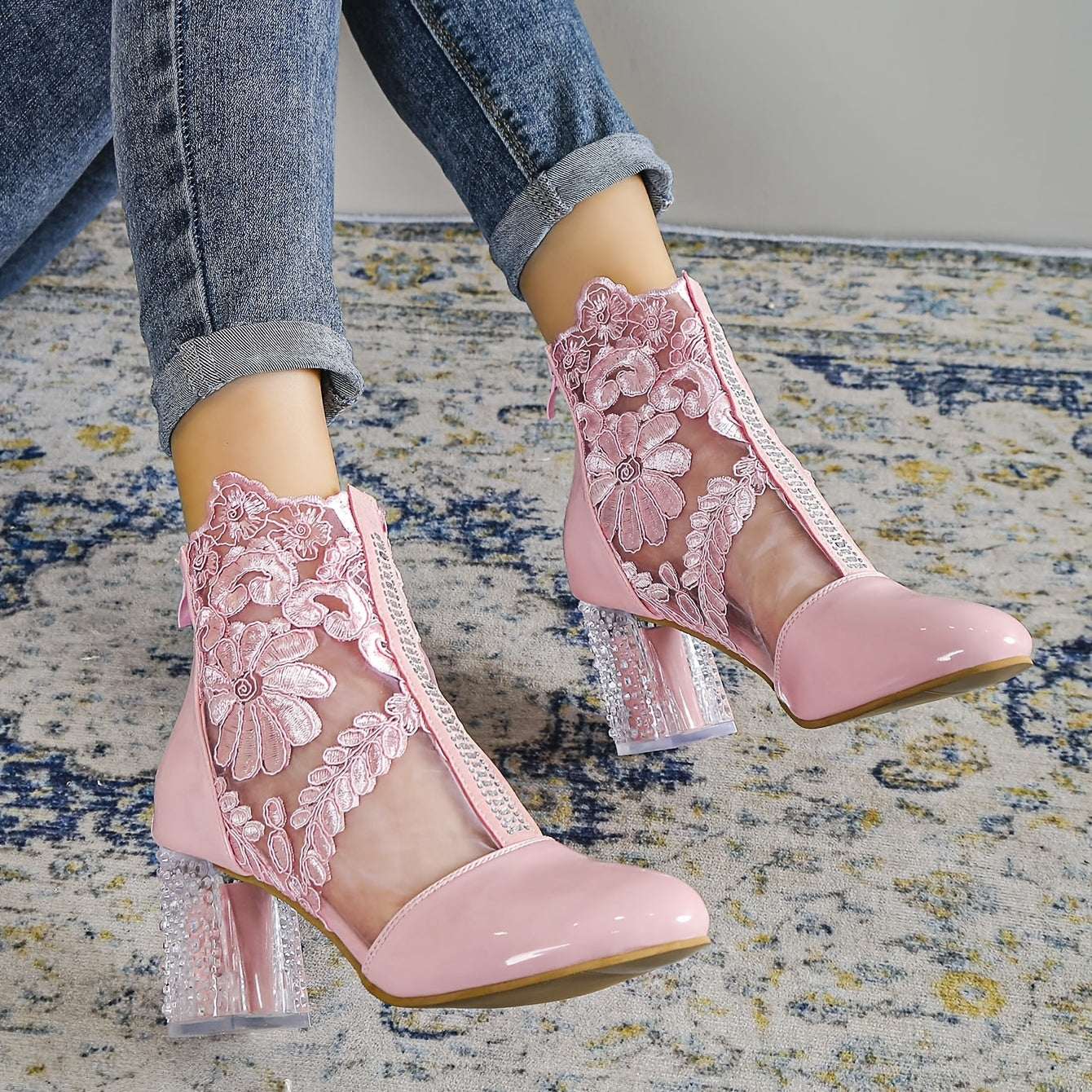 Pink Flower Lace Ankle Boots with Clear Heel