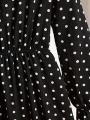 Pin Dot Print Dress Vintage Tie Neck Long Sleeve A Line Dress