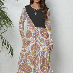 Boho Paisley Print Long Sleeve Stretch Dress